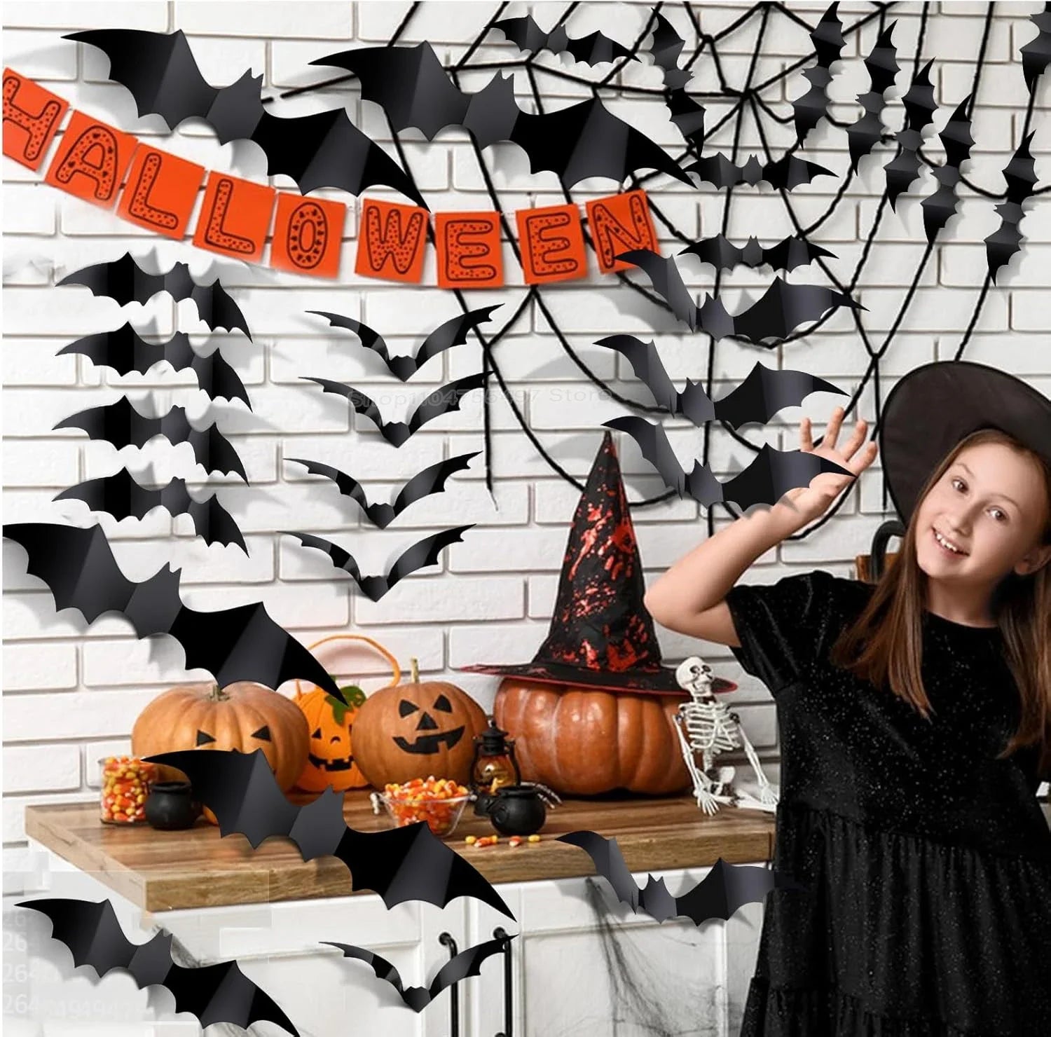 4 Size 3D Bat Stickers Emulation Plastic Sheet Black Horror Spider Wall Stick Halloween Festival Party Courtyard DIY Decoration