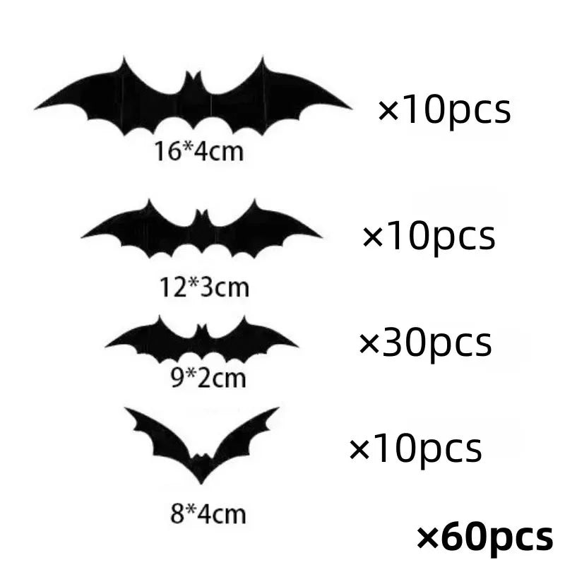 4 Size 3D Bat Stickers Emulation Plastic Sheet Black Horror Spider Wall Stick Halloween Festival Party Courtyard DIY Decoration