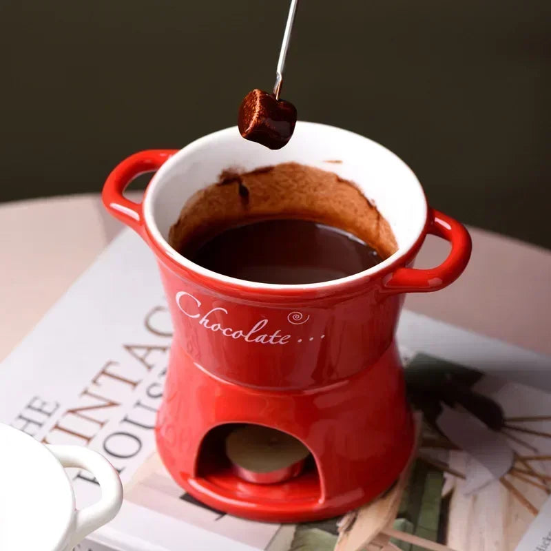 Hot Ceramic Chocolate Chafing Dish Cup with Fork Candle Pot Melting Chocolate Mug Tableware Creative Household Drinking Utensils