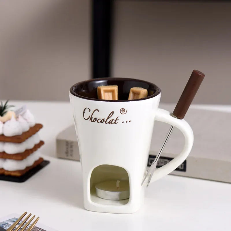 Hot Ceramic Chocolate Chafing Dish Cup with Fork Candle Pot Melting Chocolate Mug Tableware Creative Household Drinking Utensils