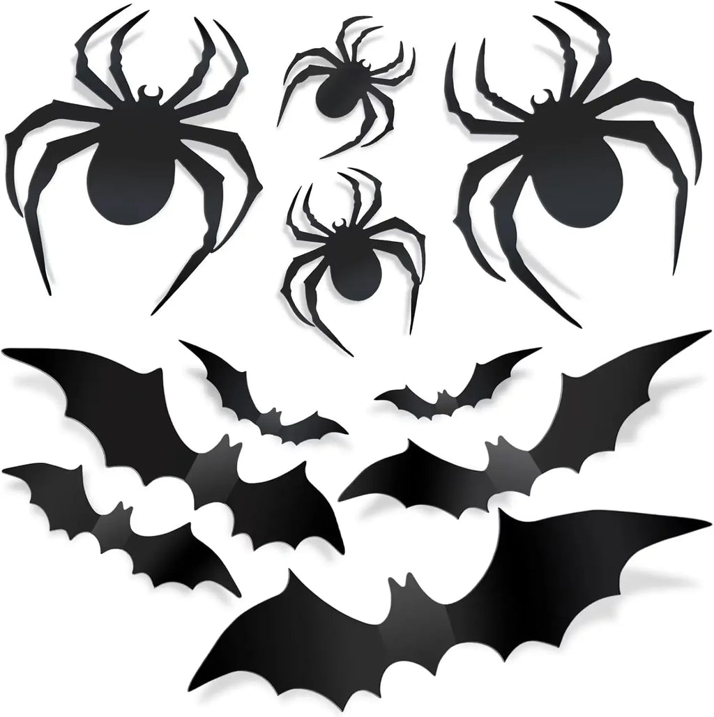 4 Size 3D Bat Stickers Emulation Plastic Sheet Black Horror Spider Wall Stick Halloween Festival Party Courtyard DIY Decoration